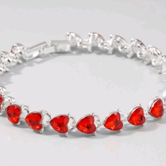 STERLING Silver Bracelet with Red Heart Shaped Rhinestones - Picture 6 of 8